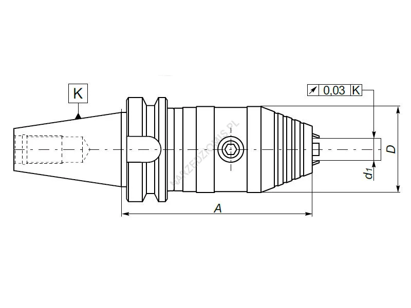 Rysunek techniczny: Oprawka z chw. MAS 403-BT z uchwytem wiertarskim kluczyk.: T.7661 BT40/FI13 113mm - KOLNO